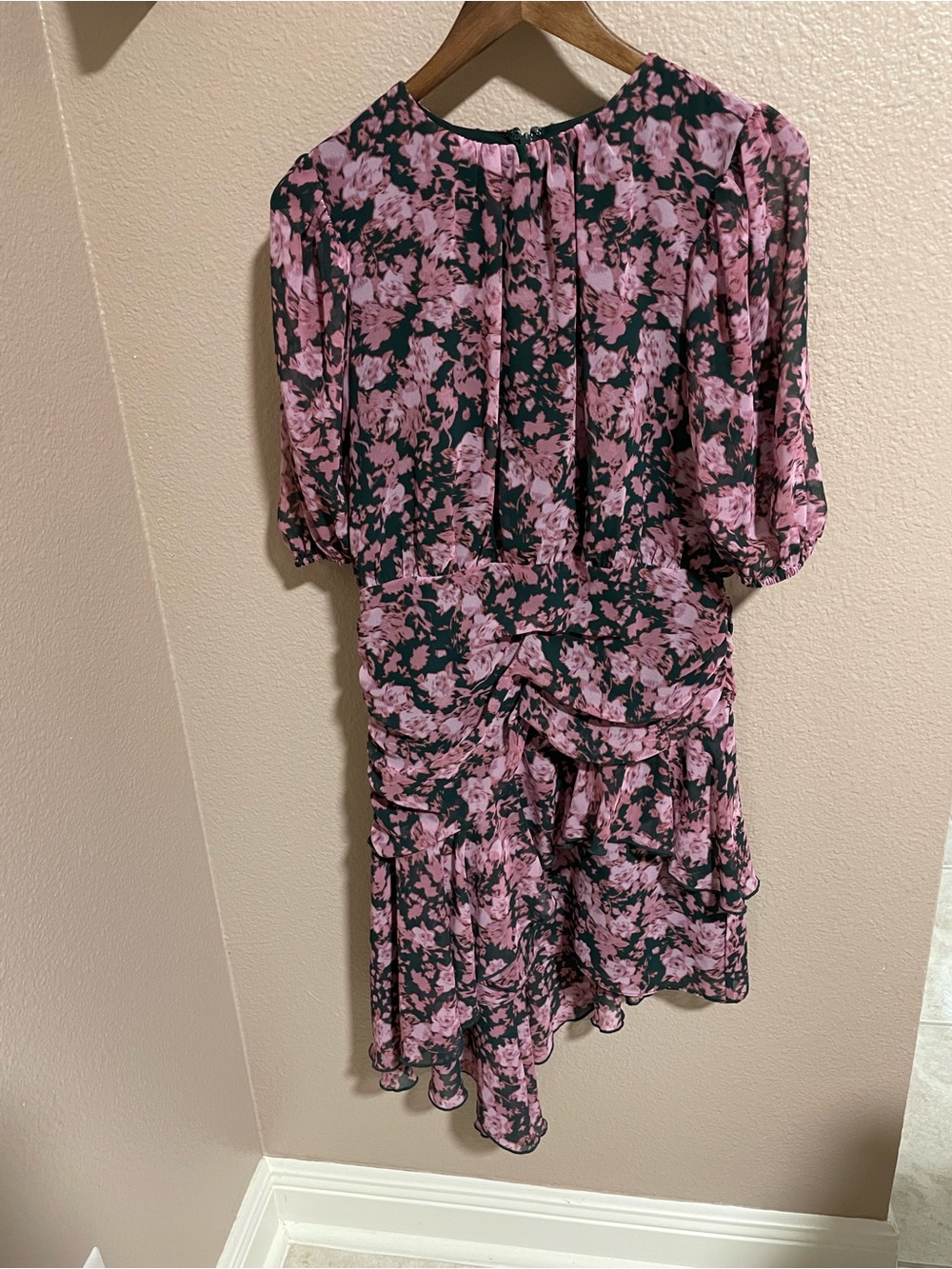 Chelsea28 Black and Pink Floral Asymmetrical Midi Dress